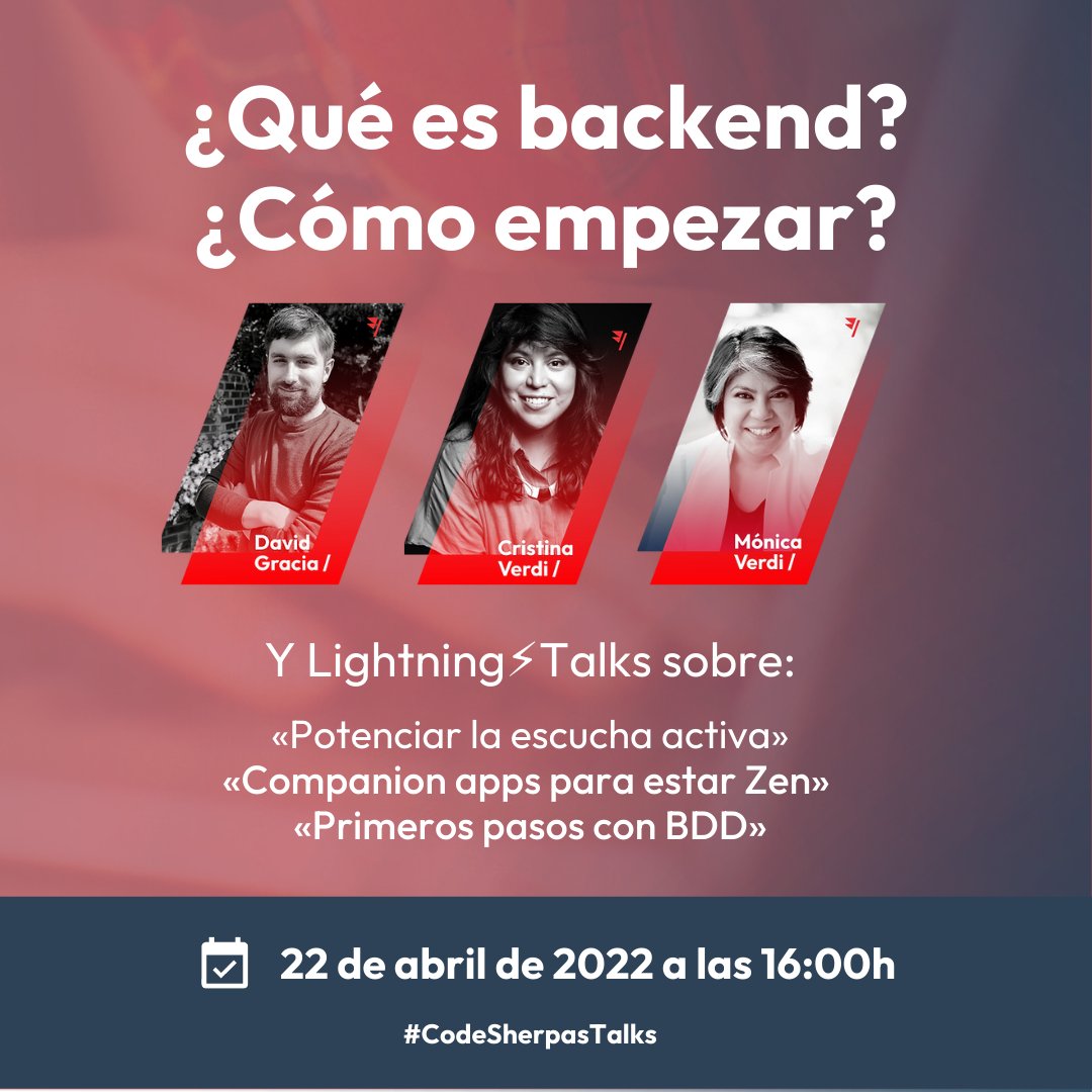 codesherpas_bcn's tweet photo. El 22/04 a las 16h en #CodeSherpasTalks hablaremos sobre «Qué es #backend🦸‍♀️👩🏽‍💻 y cómo empezar» .

Y 3 lightning ⚡️ talks:

«Potenciar la escucha activa»
«Companion apps para estar Zen» 🧘🏽
«Primeros pasos con #BDD »

¡No te lo pierdas! 📅  https://t.co/8cUEHKeKWQ https://t.co/lQ3XEOaOk3