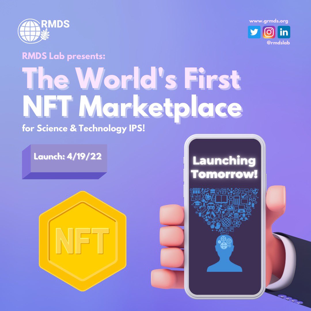 RMDSlab's tweet image. T-MINUS 1 DAY: RMDS Lab's NFT Marketplace for Science and Technology IPs will be launching tomorrow! 

The Marketplace will empower scientists worldwide to have the rights to their digital intellectual properties.

Check out rmdsnft.com to get started!