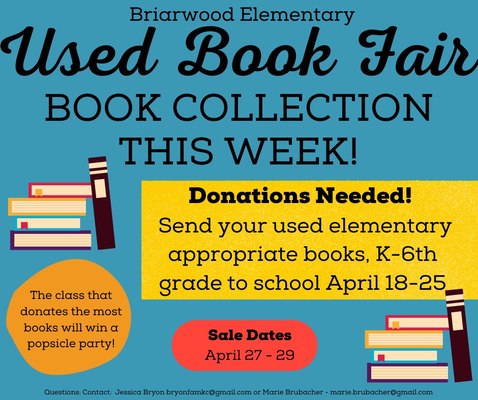 BRIARWOOD'S ANNUAL USED BOOK FAIR IS BACK! SEND IN YOUR DONATIONS NOW!