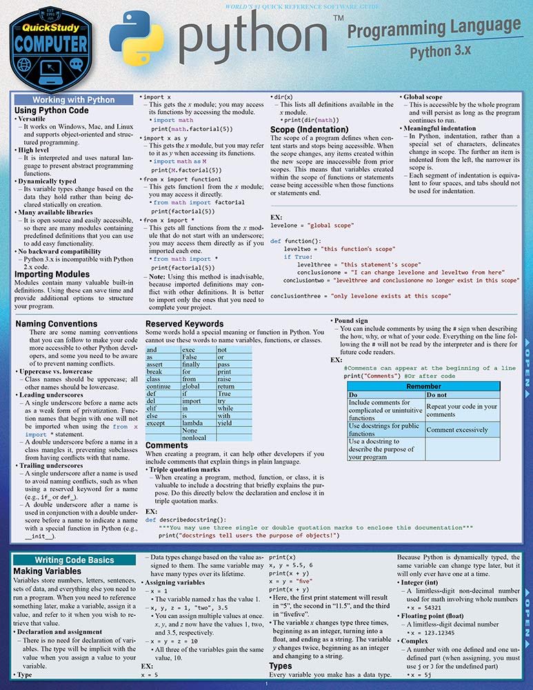 KirkDBorne's tweet image. Handy 6-PAGE laminated guide is a concise desktop reference to key concepts behind #Python logic, syntax, and operation (importing other libraries, formatting output strings, creating classes, etc.): amzn.to/3yKagRJ
———
#coding #100DaysOfCode #DataScientists #DataScience