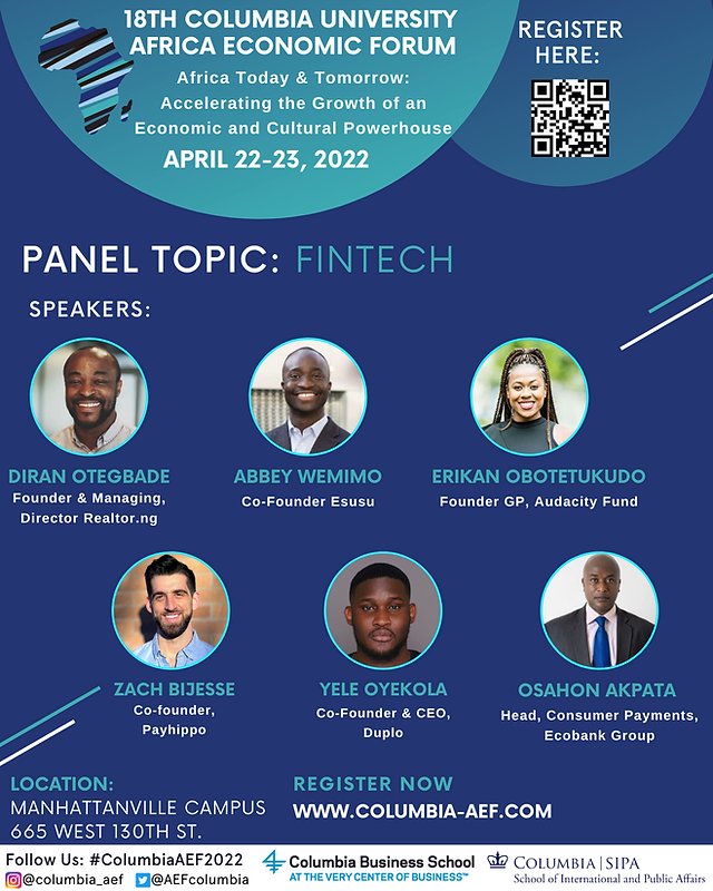The 18th annual Africa Economic Forum Fintech Panel announced! 
 
Ticket link here: cglink.me/2ca/r21229
#ColumbiaAEF2022 #fintech #nyevents
