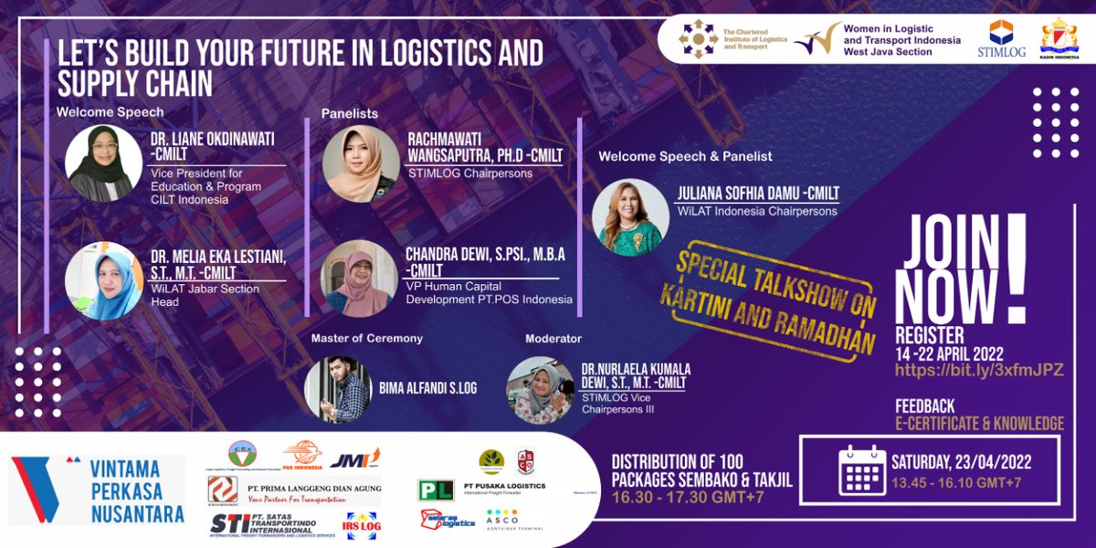 Admission_ULBI's tweet photo. #Logististicians #Transporters
Lets Bulid Your Future In Logistics and Supply Chain

📆 Sabtu, 23 April 2022
⏰ Pukul 13.45 - 16.10 WIB
💻 Zoom Meeting
✅ FREE E-CERTIFICATE
Register Now: https://t.co/WV5um2xpIa

#STIMLOG
#WILAT
#CILT
#KADIN https://t.co/Cxv96S5jMS