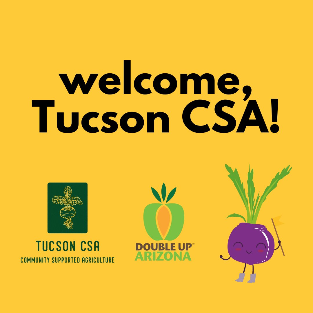 We’re glad to officially welcome Tucson Community Supported Agriculture to the Double Up Food Bucks network! Buy 2 shares for $48 with SNAP, get 2 shares free from Double Up, plus get 2 shares with CS-Aid 
 <a href="/TucsonCSA/">Tucson CSA</a>  

To learn more and sign up: ow.ly/XtbW50IM6Na