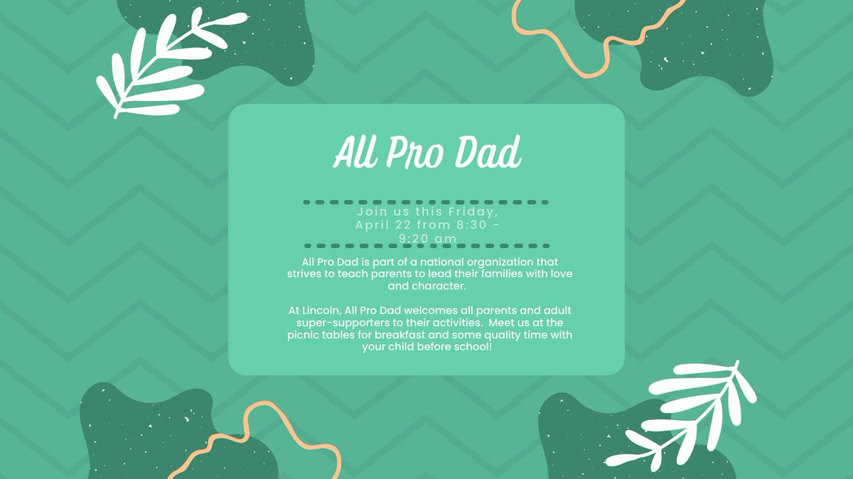 Lincoln K8 All Pro Dad this Friday, April 22 from 8:30 - 9:20.  Meet us at the picnic tables for breakfast and some quality time with your child before school!