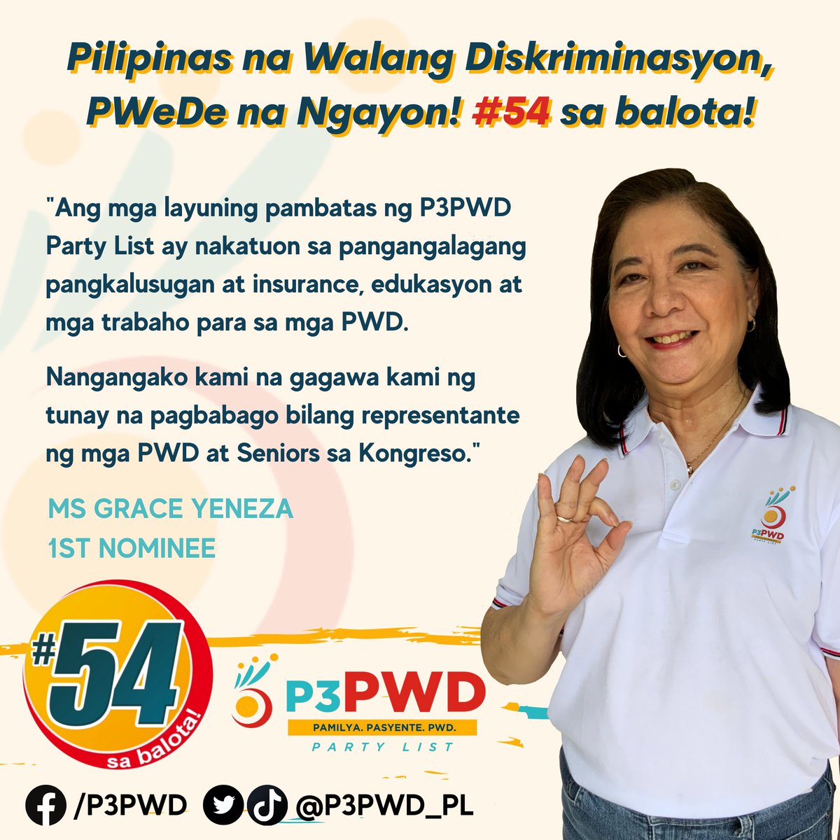 <a href="/saabmagalona/">Saab</a> Hi Saab. We are not running this May but we are endorsing <a href="/P3PWD_PL/">P3PWD Party List</a> Totoong partylist. Totoo ang ipinaglaban. At higit sa lahat totoo ang mga nominees at hindi mga politikong nakapayong sa partylist system. Naniniwala po kami sa kanilang adbokasiya. <a href="/rowena_guanzon/">Rowena Guanzon</a> <a href="/irapozon/">Atty. Ira Paulo Pozon</a>
