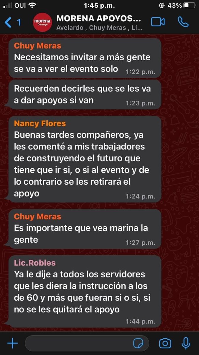 ClaudiaAdame's tweet photo. Hoy pasaron cosas fuertes en Pueblo Nuevo.

Se filtra aparente chat de Morena presionando con programas sociales y ni así asisten al evento.

*En la segunda foto arriba evento de morena, abajo evento del PRI. https://t.co/hYogQKpaUA