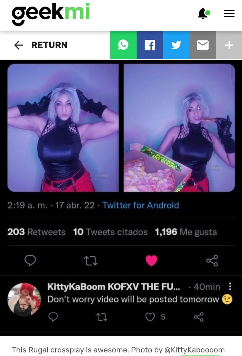 KittyKaboooom's tweet photo. My Rugal KOFXV cosplay got some international attention! Muchísimas gracias #GeekMi for the article! And TY @AG3AMTA038 for sending it to me! 🥰💕🙏
Full article is here in Spanish: https://t.co/4fAMfbImDU https://t.co/6xIe4zUq26