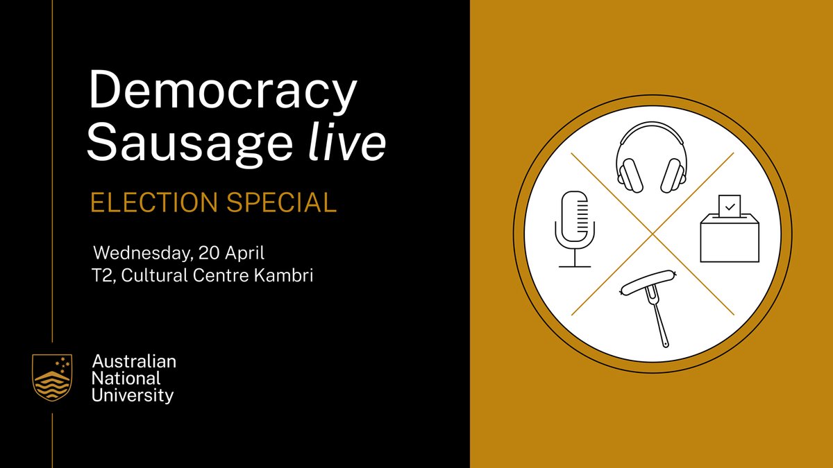 Democracy Sausage podcast is going live for an election special, with guests youth advocate &amp; ANU alumna <a href="/yasmin_poole/">Yasmin Poole</a> &amp; journalist <a href="/rosssolly/">ross solly</a>.

Register now to sink your teeth into #AusVotes, with a side of free snags &amp; drinks.

🗓️Wed 20 April at 5.15pm
🎟️eventbrite.com.au/e/democracy-sa…