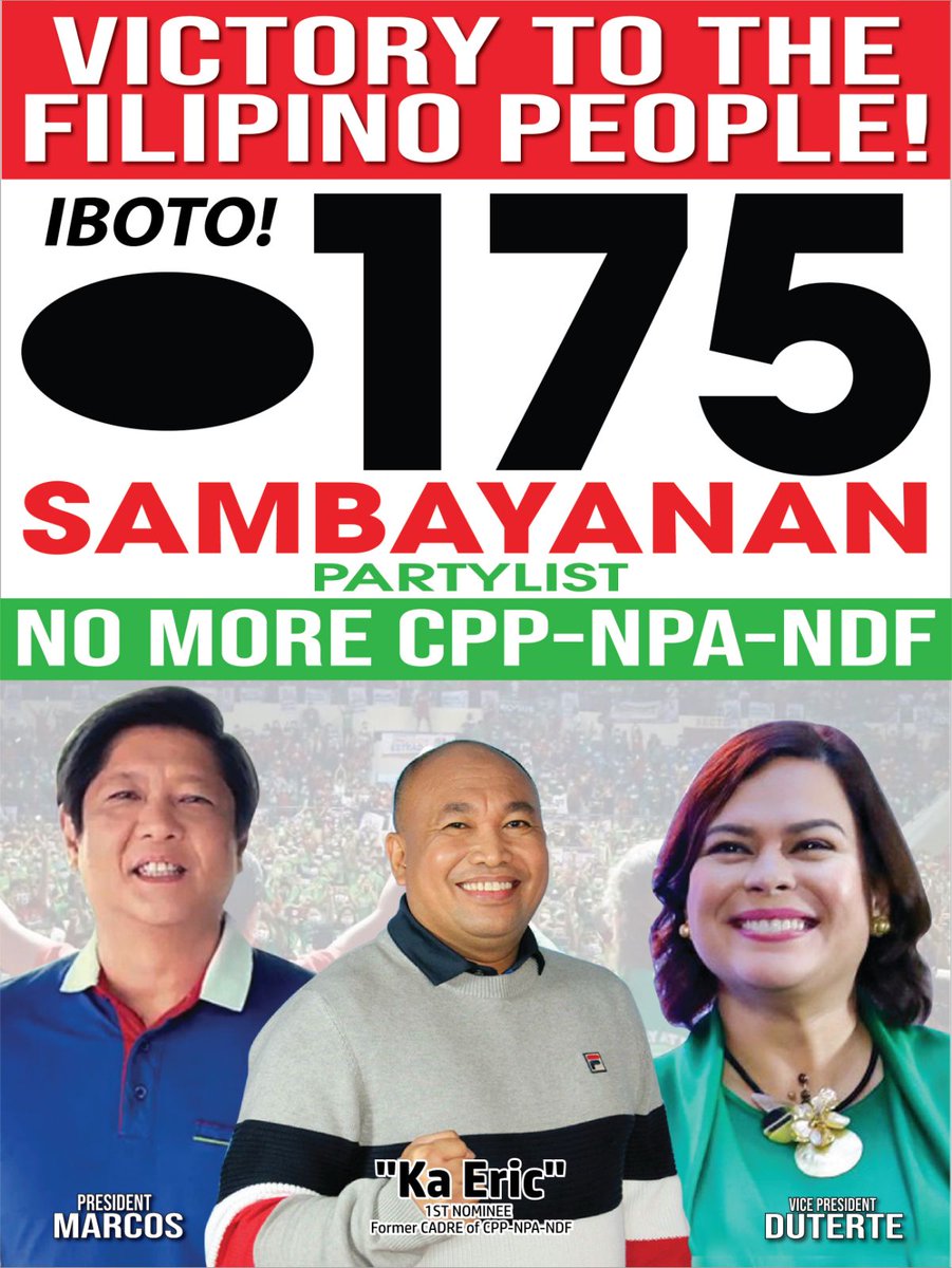 AdiRicafort's tweet photo. Hi @saabmagalona, im Adi.. #175 SAMBAYANAN Partylist ang iboboto ko!!!

Bakit Sambayanan Partylist?

Dahil ang SAMBAYANAN lang ang nag-iisang Partylist na lumalaban sa terorismo ng CPP-NPA-NDF! https://t.co/Pp2jqwNuCz