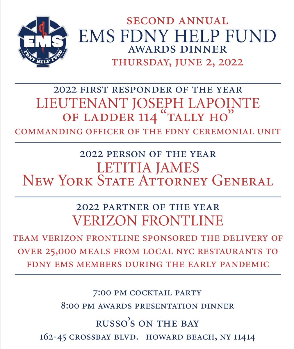 ChiefKnuth's tweet photo. Tickets on sale now for @EMSFDNYHelpFund #AwardsDinner honoring #FDNY Lieutenant Joe Lapointe, #NYSAG @TishJames, &amp; @VerizonBusiness #Frontline for their generosity, supporting our mission of helping #FDNYEMS members in crisis #helpingthehelpers 🎟👉 https://t.co/b13vwvpR1j https://t.co/fY9sbiqP2U