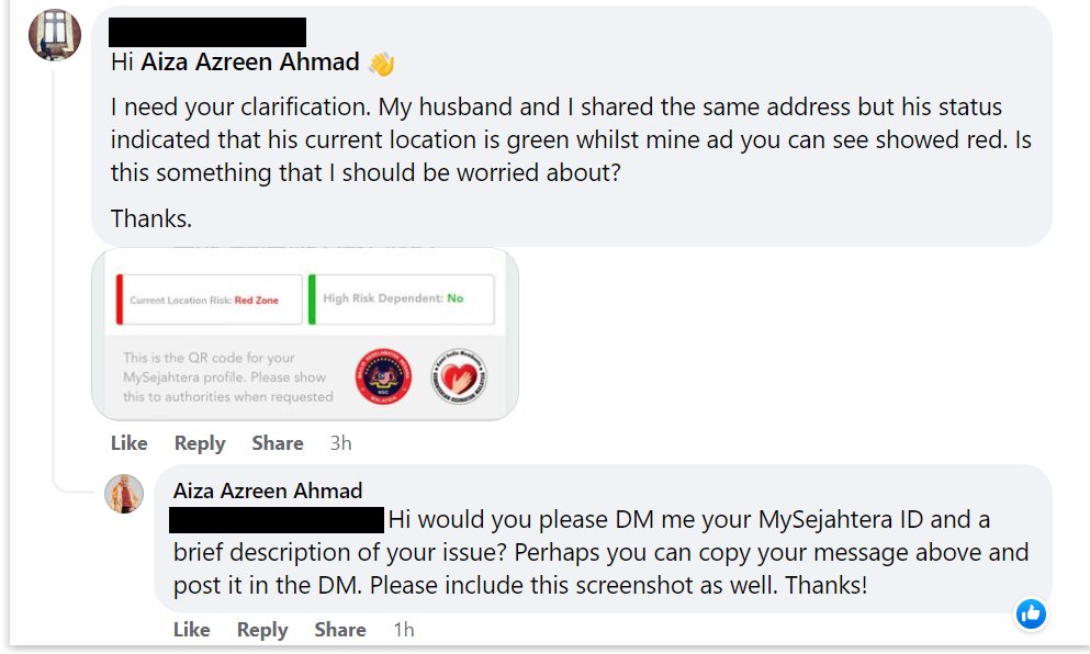 boosulyn's tweet image. Screenshots of MySJ Sdn Bhd CEO designate Aiza Azreen Ahmad's posts in the Malaysia Quarantine Support Group Facebook group on her assistance for MySejahtera app issues -- asking ppl to DM her personal fb account their MySejahtera ID (phone no/email) and screenshots of vax certs.