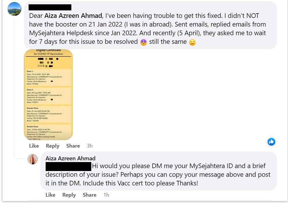 boosulyn's tweet image. Screenshots of MySJ Sdn Bhd CEO designate Aiza Azreen Ahmad's posts in the Malaysia Quarantine Support Group Facebook group on her assistance for MySejahtera app issues -- asking ppl to DM her personal fb account their MySejahtera ID (phone no/email) and screenshots of vax certs.