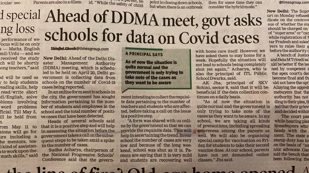 tanya_aggarwal1's tweet photo. Who’s collating similar data from govt &amp; pvt offices? Shops, restaurants &amp; other comm’l enterprises where adults work all day &amp; kids often go? If not being collated, then why focus only on schools?
#KeepSchoolsOpen
 @msisodia @LtGovDelhi @DDMA_Delhi @SatyendarJain @ArvindKejriwal https://t.co/3XhVO4v6XD