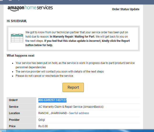 Order#406-6349297-1437127

Amazon AC not Working. Pathetic is, it's a Amazon owned brand.

No Servicing, even after the Product is under Warranty.

<a href="/JeffBezos/">Jeff Bezos</a> <a href="/amazon/">Amazon</a> <a href="/amazonIN/">Amazon India</a>