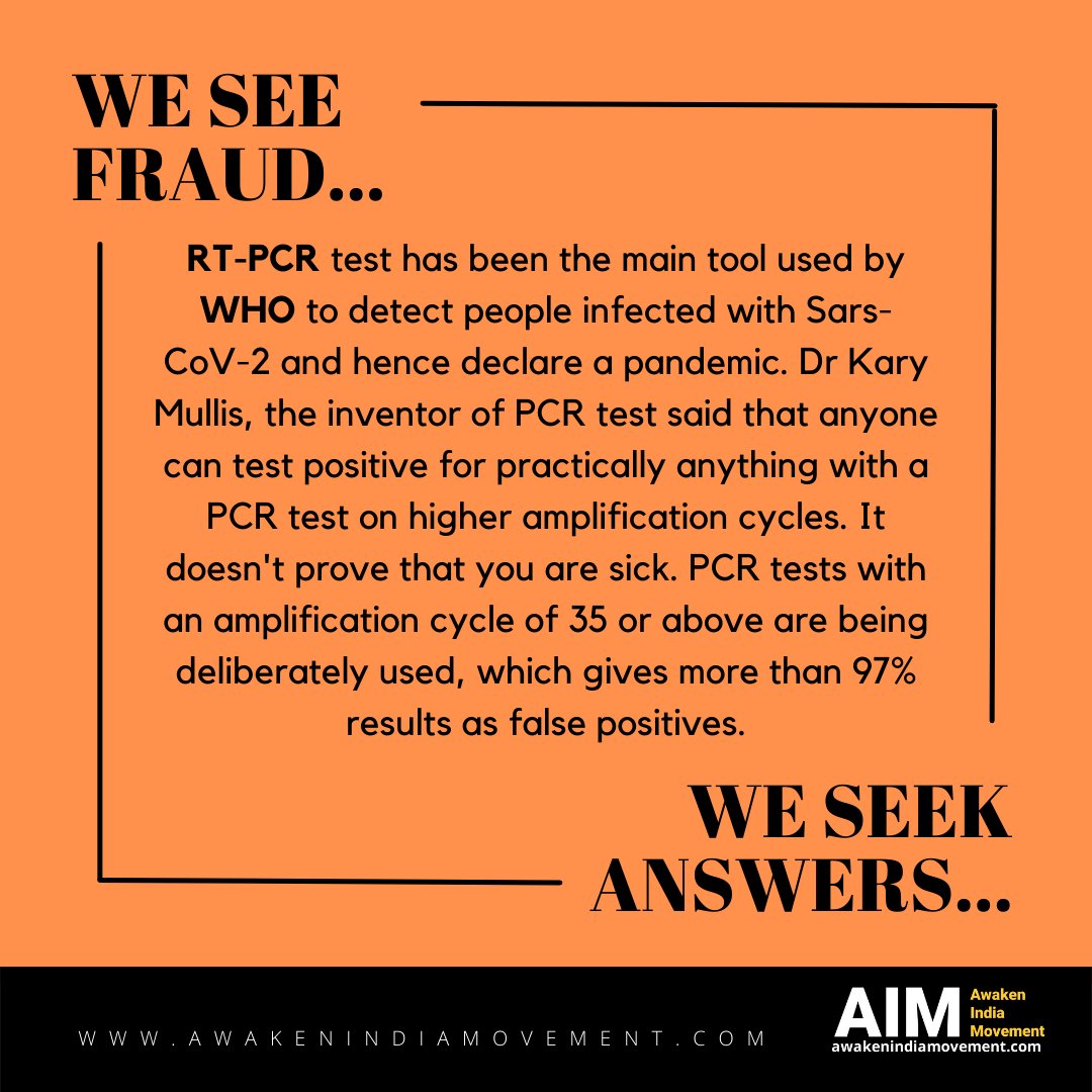 awakenindiamvmt's tweet photo. The same tool is being used to try and create a 4th wave panic!
PCR test +ve never had any clinical relevance!
#Tedros_Go_Back
#TedrosGoBack
#who_quitindia
@WHO @DrTedros @PMOIndia https://t.co/MsF1dOjnij