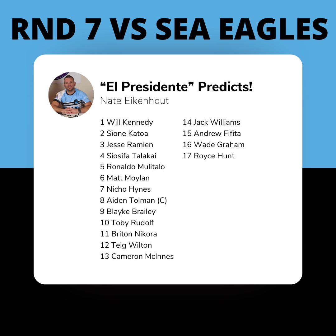 TheCSSC's tweet photo. Here’s our “Prez Predicts” Team List for RD7.
@DutchieNate thinks this is the week @wadegraham17 comes back in.
Thoughts?
#CSSC22 #UpUpCronulla https://t.co/j30moXEdPe
