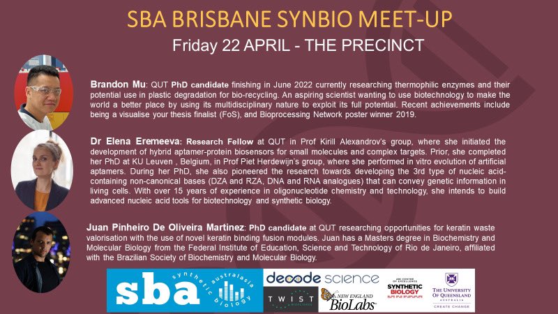 SBABrisbane's tweet photo. We hope everyone is ready for our next seminar 🙌🏻 We are very excited to tell you that Brandon Mu, Dr. Elena Eremeeva and Juan Martínez will shine with their talks, this Friday 04/22 at the Precinct 🤗 register here to keep your seat:
 https://t.co/If7j2JeggV https://t.co/mO3WI6XzmX