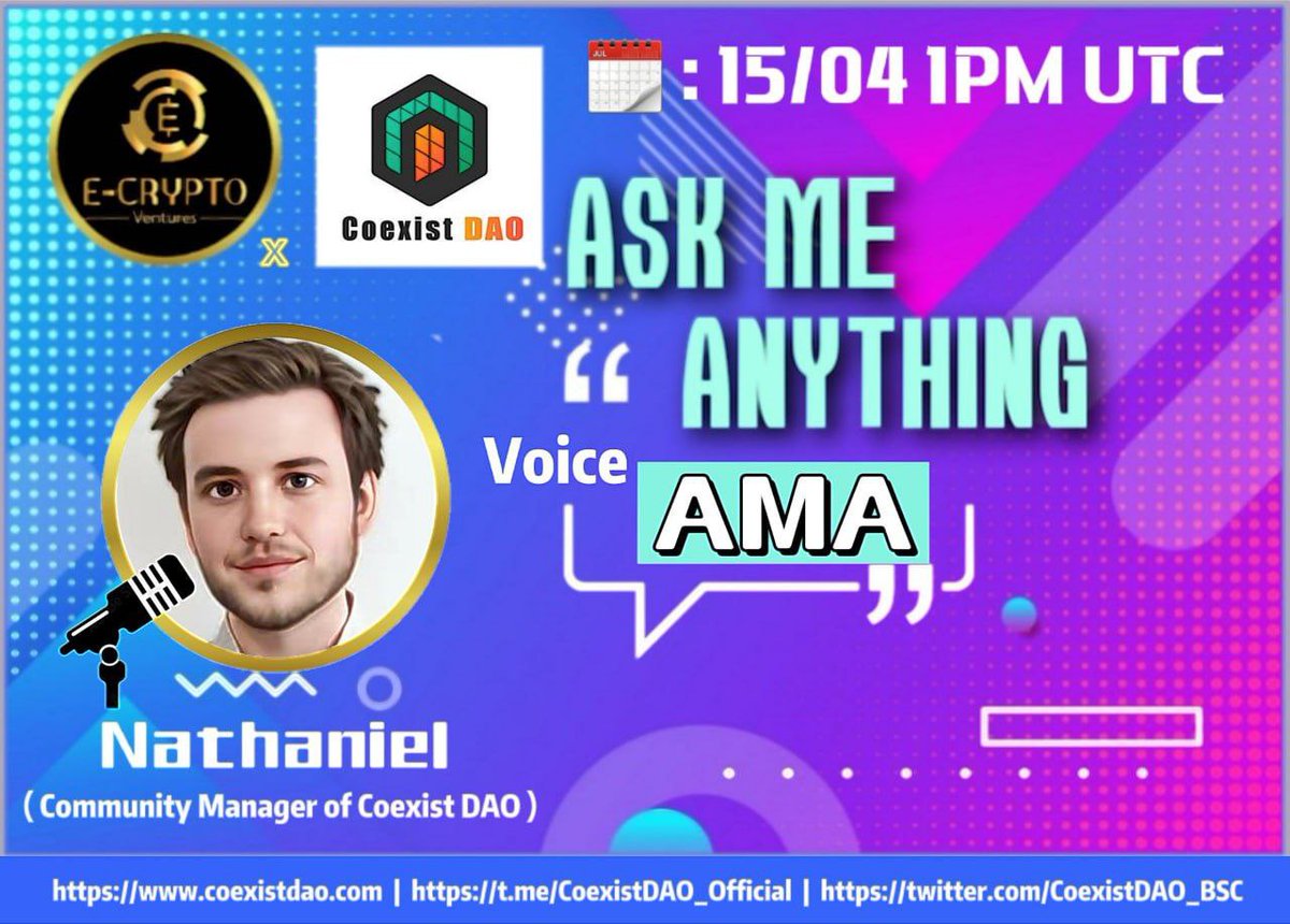 Ecrypto_VN's tweet photo. Coexist DAO Voice Question Collection AMA

Guys, we're excited to invite you to our first voice AMA this Friday 1PM (UTC)! https://t.co/ZKkUJJrdlz