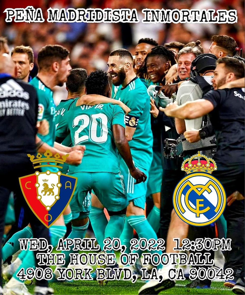 InmortalesRMCF's tweet photo. 🚨#RMCF🚨
No time to take the foot off the pedal #Vamos
This coming Wednesday we will meet you at the only place for Fútbol #TheHofla
So close to our #LaLiga35 
Let's do this🇺🇲⚽️🇪🇸
@realmadrid
#RealMadrid &amp; #NothingElse
#InmortalesRMCF #InmortalesLA
#NuestraHistoriaInmortal https://t.co/SdBycjmpgi