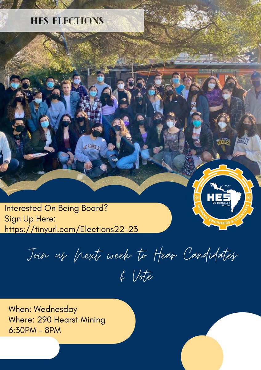 Besties!! HES Elections for the next academic year are here 🗣 Would you like to serve on the HES Board? If not, still come out to hear the candidates to know who to vote for🤩 Hope to see y’all there 🥰 Candidates Sign Up At: https:tinyurl.com/Elections22-23