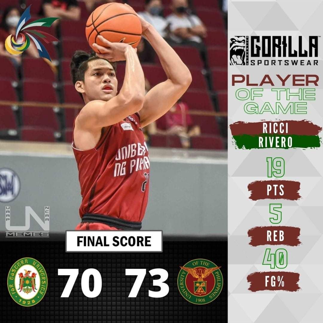 UAAP_NCAA_Memes's tweet photo. KEEP THE STREAK GOING!!!

The UP Fighting Maroons ain't withdrawing anytime soon as they extend their winning streak to 8 games against the FEU Tamaraws, 73-70.

Ricci Rivero with 19 points and 5 rebounds on his way to another Gorilla Sportswear Player of the Game. https://t.co/R9UFZTjMEZ