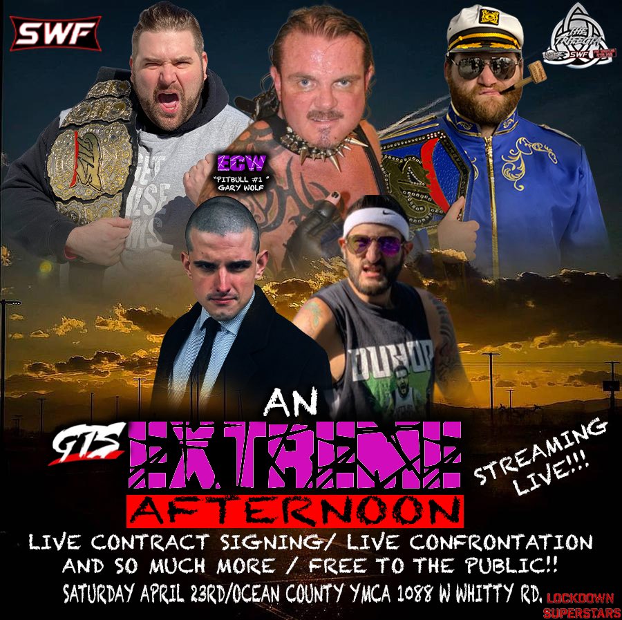 StarsLockdown's tweet photo. @GrimsToyShow @SWFLive and LOCKDOWN SUPERSTARS PRESENTS AN EXTREME AFTERNOON witness A LIVE contract signing between Mike Goldstein and Grim Champion Vs Champion and a Pre-Show PRE-MATCH Confrontation BETWEEN ECW OG. PITBULL GARY WOLF AND SGT JIMMY CONTROVERSY 100% FREE!! https://t.co/HCS9PXlItv