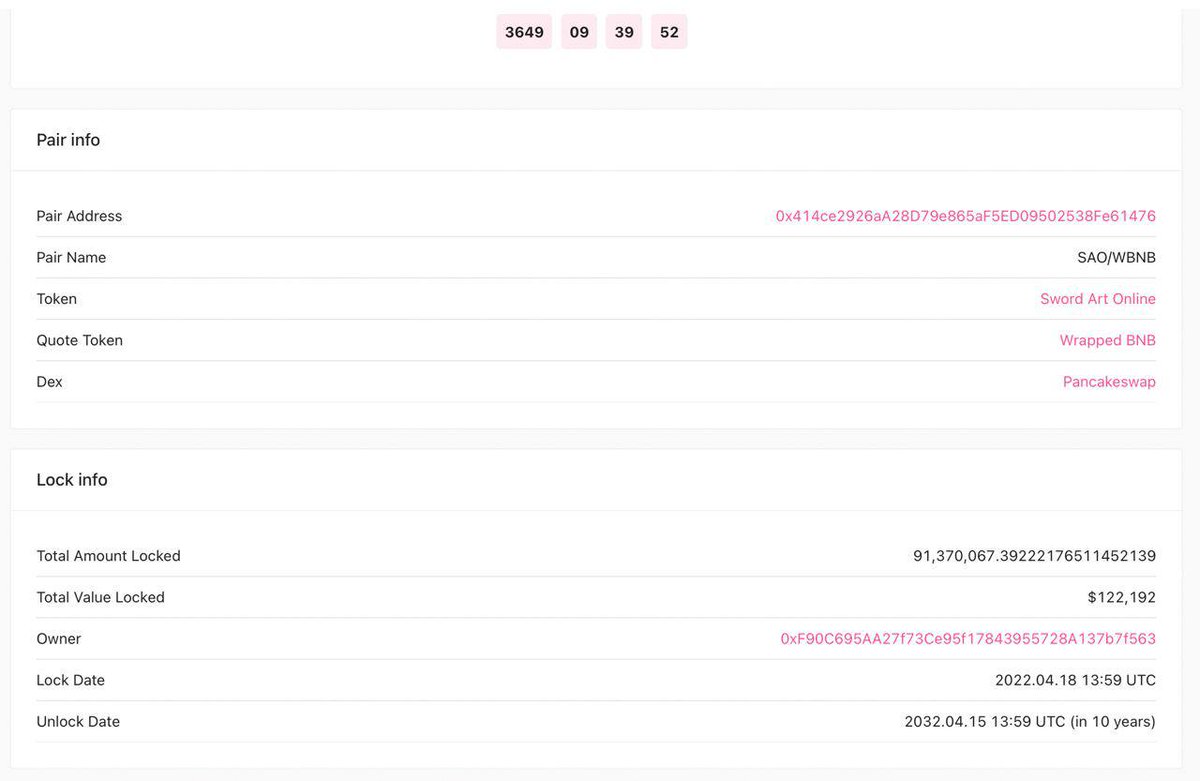 Sword Art Online (@saotoken_bsc) on Twitter photo $SAO Liquidity pool is locked in 10 years on <a href="/pinkecosystem/">PinkSale (Pink Ecosystem)</a>
Check it out here: pinksale.finance/#/pinklock/rec…
100% of the token belongs to $SAO community. 🏆🏆🏆
#transparent #safe #audit #highprofit $SAO Liquidity pool is locked in 10 years on <a href="/pinkecosystem/">PinkSale (Pink Ecosystem)</a>
Check it out here: pinksale.finance/#/pinklock/rec…
100% of the token belongs to $SAO community. 🏆🏆🏆
#transparent #safe #audit #highprofit