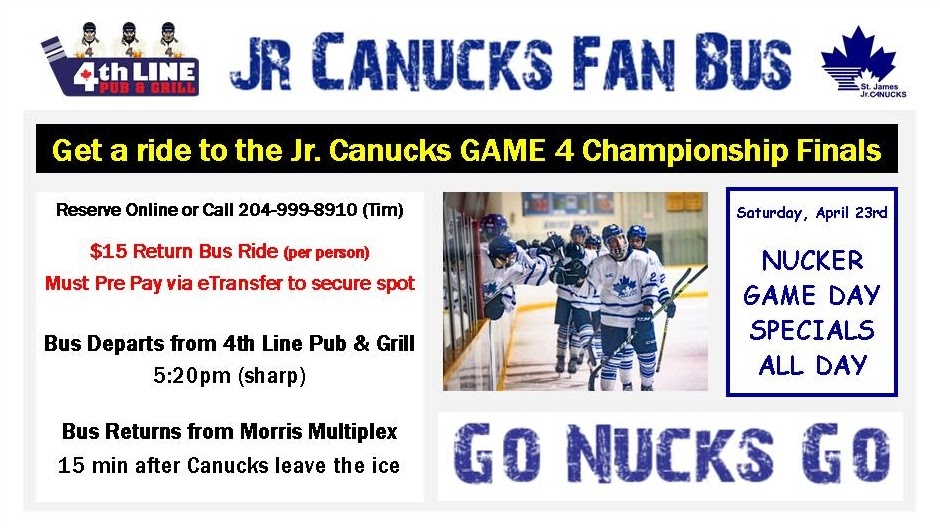 4thLinePub's tweet photo. ๐ต Your @StJamesCanucks Playoff Headquarters is ALL IN on the Championship Finals and are excited to announce a FAN BUS ๐ that will be running this Saturday, April 23rd for Game 4.
โ๏ธ Book your spot at https://t.co/NqrZIpkCeY
#GoNucksGo #BleedBlue #4thLineFanBus https://t.co/OtEUmkYN4c