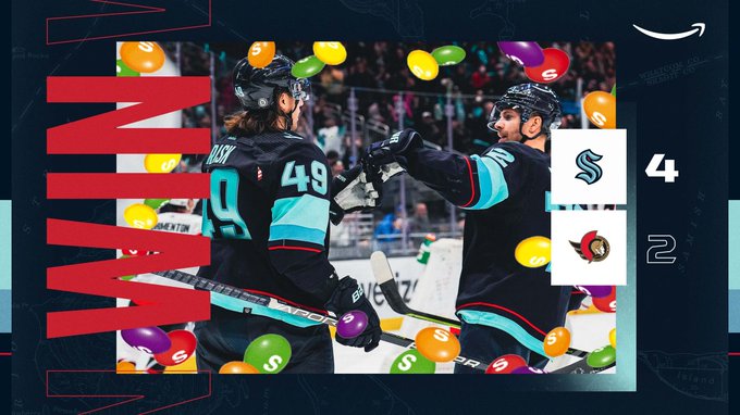 final win graphic with celly photo of rask and joonas. score was 4-2, kraken skittles are falling from the sky on the graphic in honor of new kraken investor, Marshawn Lynch 