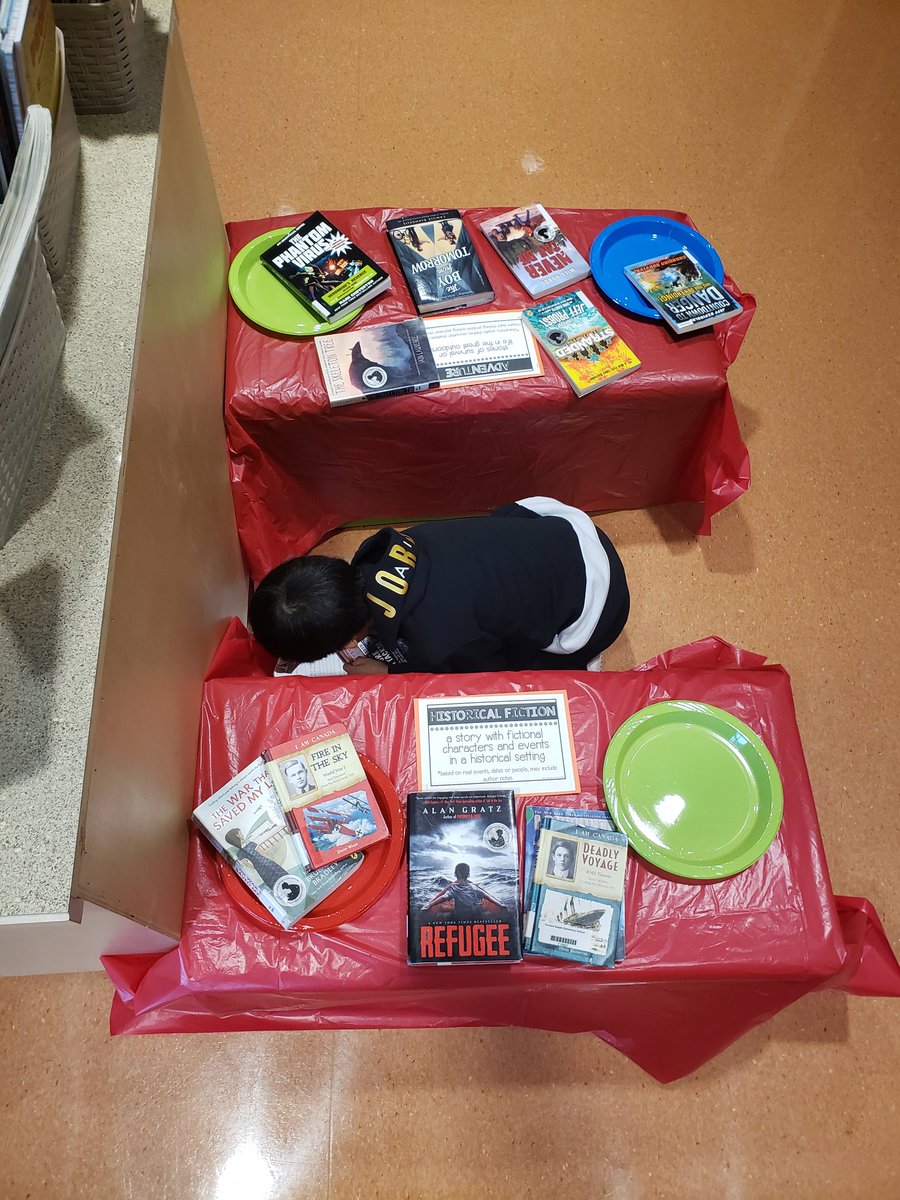 RBELibraryLC's tweet photo. Such an easy way to get kids trying out new texts! A Book Tasting Picnic got our grade 4 and 5 students checking out new material that hasn't been circulating as much. All they needed was a little time! https://t.co/hNLYP2deVB