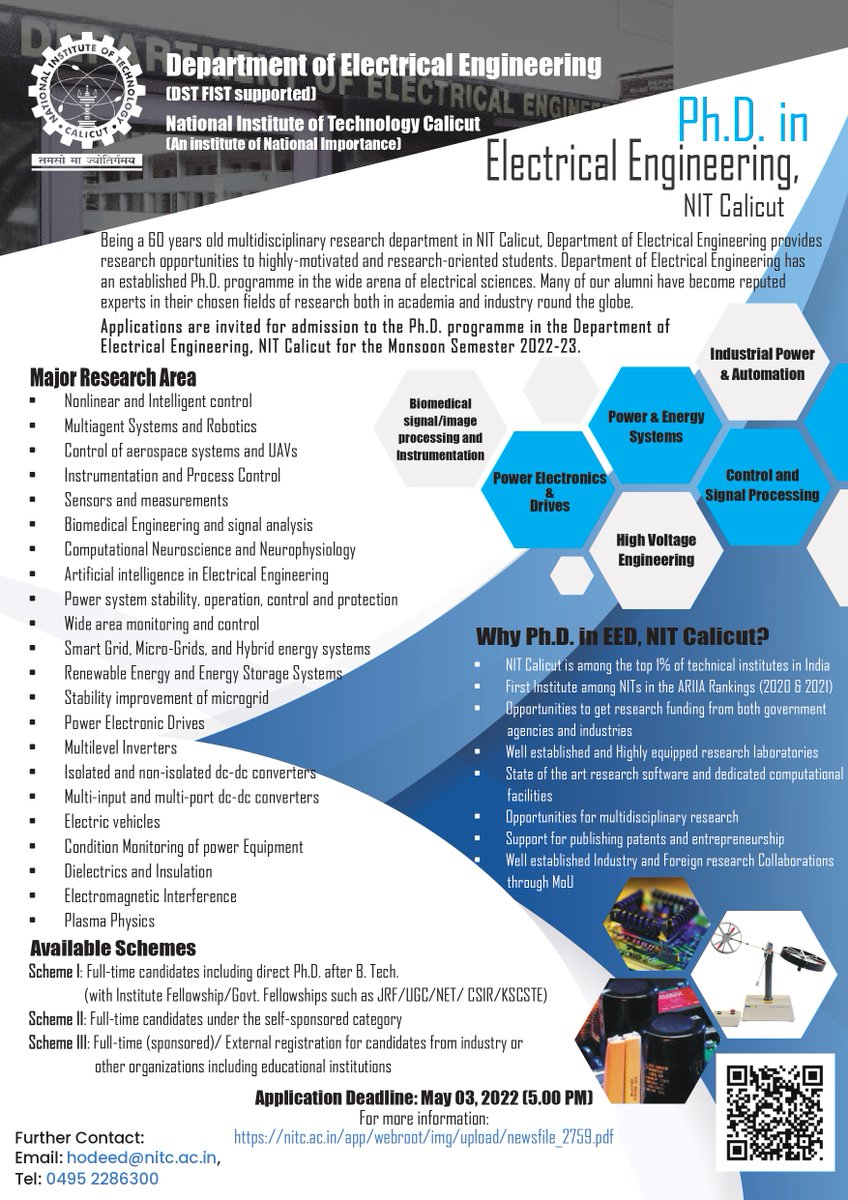 rahulsatheesh21's tweet image. Electrical Engineering Department of National Institute of Technology Calicut invites applications for Ph.D. admission 2022-23.

@nitcofficial @ieeepes_sb_nitc @IEEEKerala @ieeepesks @AcademicChatter @VoiceAcademic @PhDVoice @PhD_Genie @PhDsofIndia 

#research #innovation
