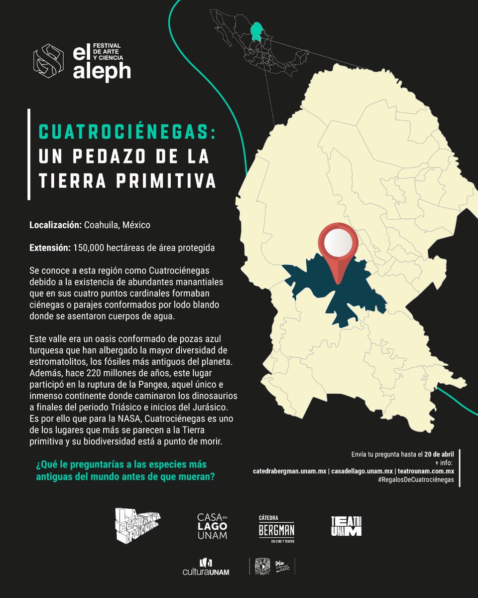 CasadelLago's tweet photo. La biodiversidad del valle Cuatrociénegas está a punto de morir. ¿Qué le preguntarías a las especies más antiguas del mundo antes de que mueran?

¡ÚLTIMOS DÍAS! Participa en #RegalosdeCuatrociénegas: https://t.co/J1zsYAIWHd

@CatedraBergman | @teatrounam | @FestivalElAleph https://t.co/cKNXdeP0cF