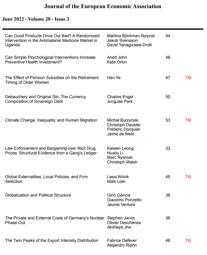 The June issue of <a href="/JEEA_News/">JEEA</a> is now shaping up., incl. great work on IO-devo, behavioral-health, sovereign debt, climate change, globalization/trade, &amp; economics of Germany's nuclear phase out.

TM=teaching materials available (eeassoc.org/teaching-mater…)

academic.oup.com/jeea
