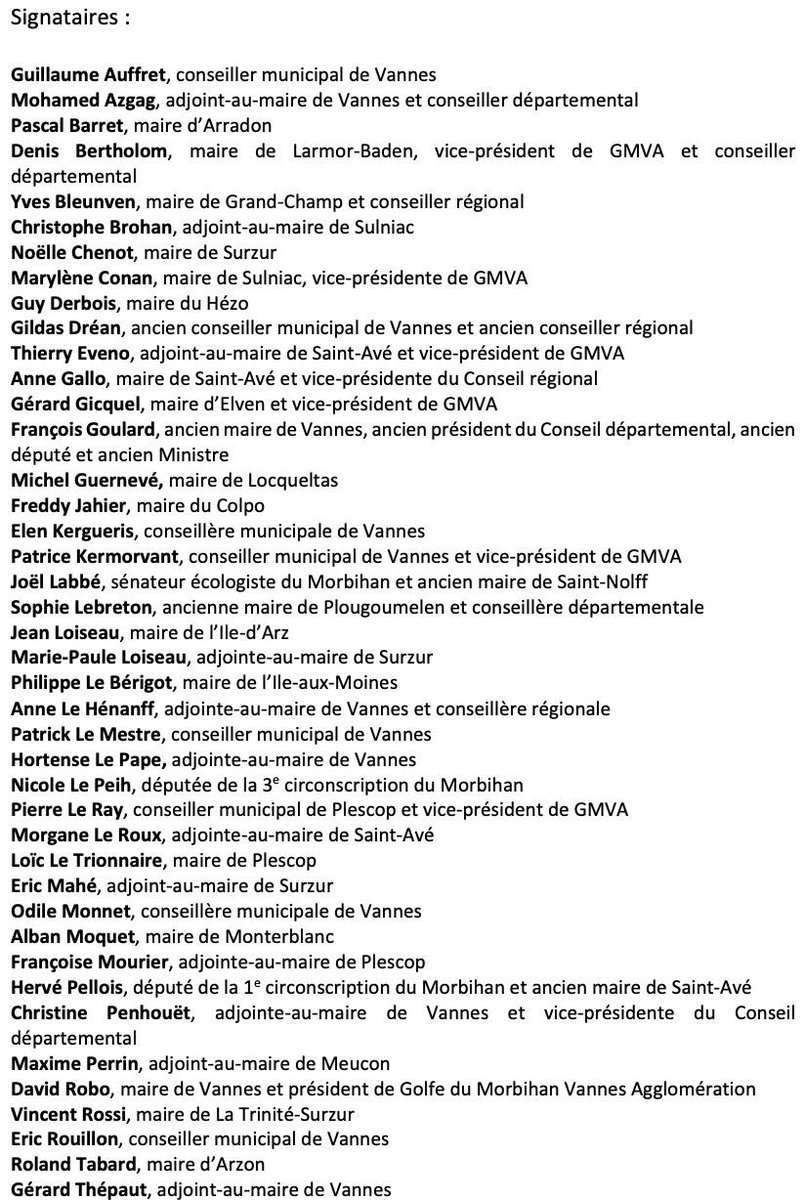 ⚠️41 élus de tout bord de l'agglomération de Vannes appelent à faire barrage à l'extrême-droite. C'est beaucoup et inédit pour un second tour à grand danger. Le 24 avril, on ne se trompe pas. On vote Emmanuel Macron. #FrontRépublicain