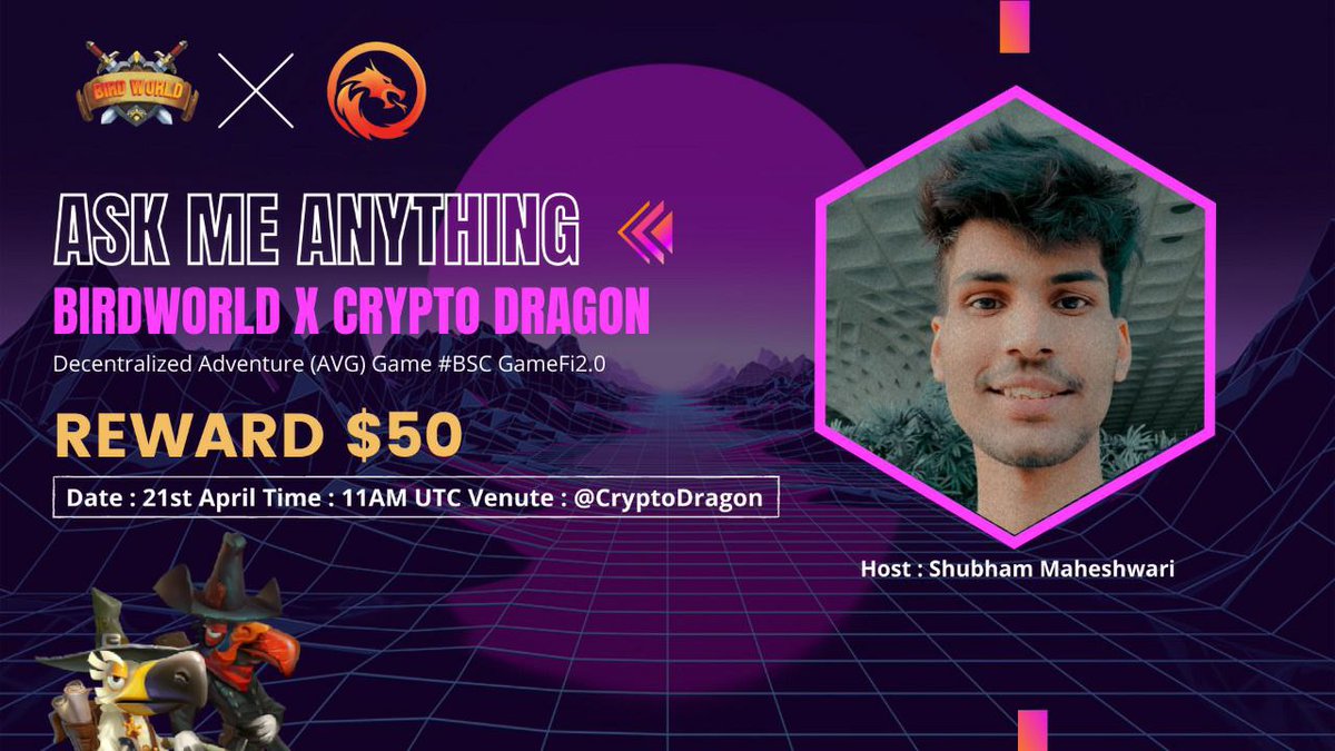 🎙️We're pleased to announce our next #AMA With Bird World on 21th April at 11 AM UTC
💰Reward: $50
🏠Venue: t.me/CryptoDragonAMA
〽️Rules:
1⃣ Follow
@CryptoDragonama &amp;
<a href="/The_BirdWorld/">BirdWorld</a>
2⃣ Like &amp; RT
3⃣ Comment Questions &amp; Tag 3 Friends Max 5 questions