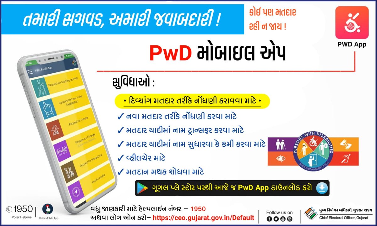 તમારી સગવડ, અમારી જવાબદારી

PwD App - દિવ્યાંગ મતદાર માટેની એપ્લિકેશન

#CEOGujarat #PwDApp #GoVote #ElectionDepartment #Gujarat #GoRegister #ECI