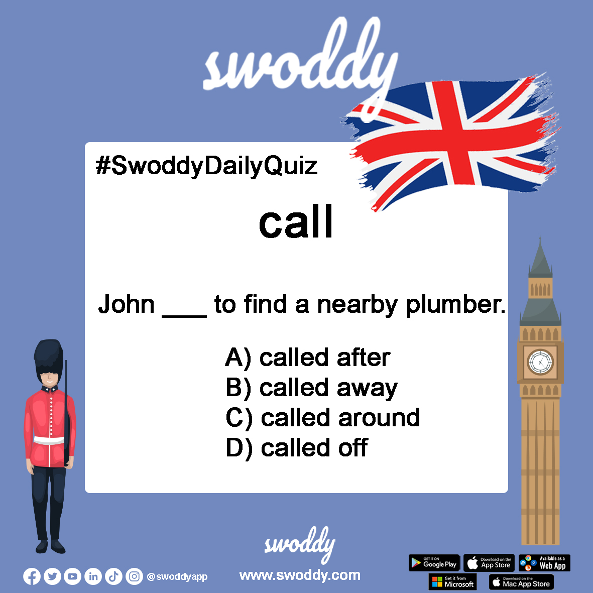 swoddyapp's tweet photo. 🇬🇧 Swoddy Daily Quiz - Fill in the blank!

#learnenglish #english #englishlanguage #language #englishlesson #learnenglishonline #englishlearning #englishcourse #englishvocabulary #englishgrammar #englishverbs #englishclass #englishculture #englishforforeigners #englishclass101 https://t.co/urRYJ3AeX6