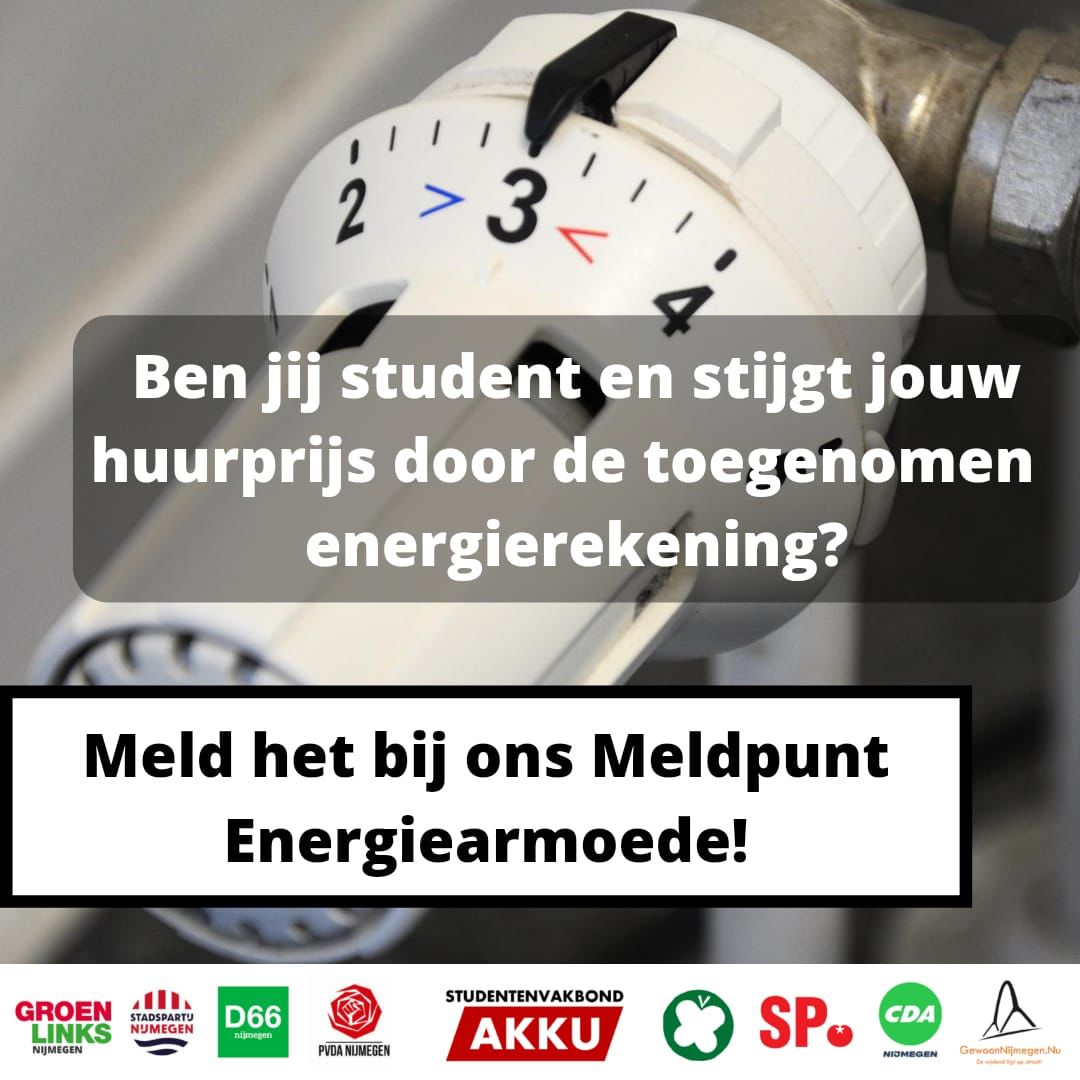 (1/2) De energieprijzen stijgen door het dak en ook studenten voelen dat. Toch krijgen ze geen compensatie van de overheid. Samen met <a href="/vakbondAKKU/">Studentenvakb. AKKU</a> en veel andere partijen uit de raad willen we weten hoe groot het probleem is in Nijmegen.