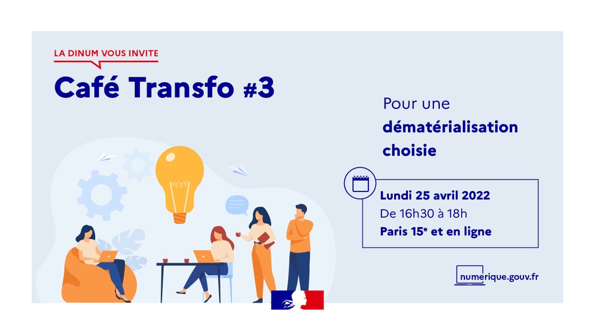 Numerique_Gouv's tweet photo. 📢 Rdv pour notre 3e #CaféTransfo !
Comment mettre en œuvre une dématérialisation choisie qui ne laisse personne au bord du chemin ? Parlons-en !

🗣 Table ronde &amp; réflexion collective
📍 À Paris (15e) et en ligne
🗓️ 25 avril, 16h30-18h

Inscrivez-vous ➡️ https://t.co/LSNlOHFcud https://t.co/pRik3rFO1K