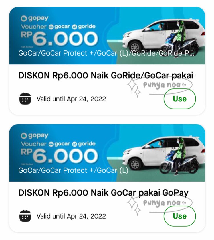wts voucher gocar &amp; goride 

yg atas tanpa minimum, yg bawah min. 25k

fee 2k/voucher 
bisa dicek dulu sebelum fix order
ada saldo 

#zonauang #zonaba #zonajajan