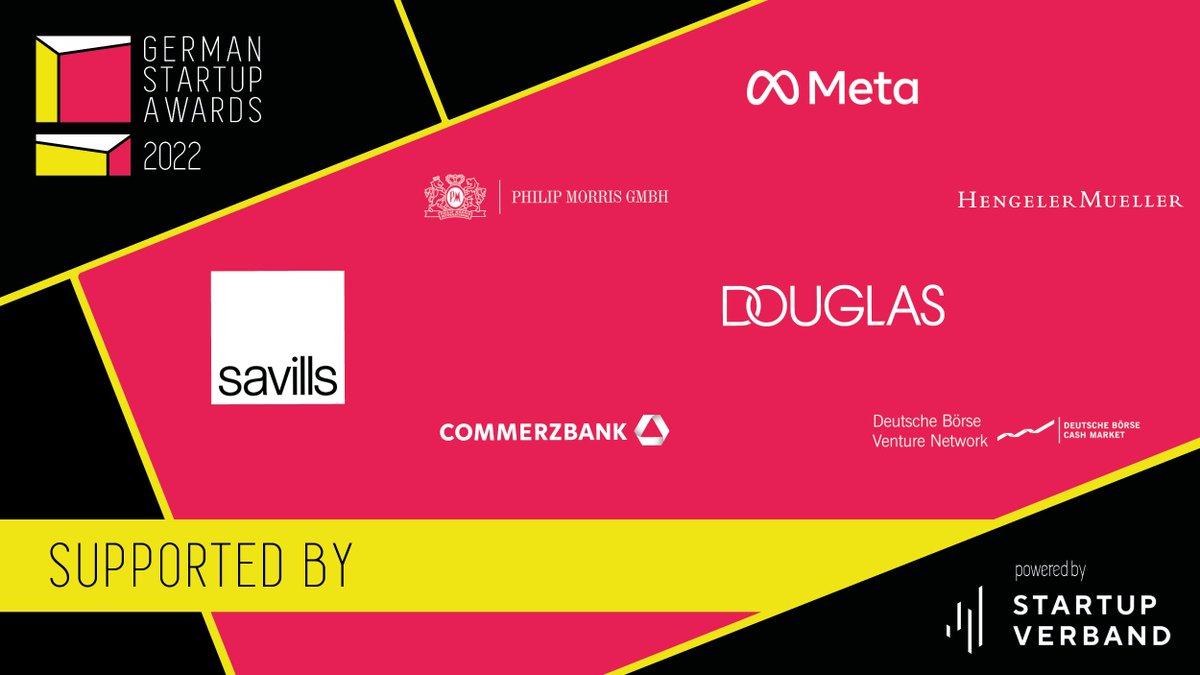 Startup-Verband 💡 🚀 (@startupverband) on Twitter photo Wir bedanken uns für die Unterstützung von @MetaGermany <a href="/commerzbank/">Commerzbank</a> @PhilipMorrisDE <a href="/SavillsGermany/">Savills Germany</a> <a href="/DBVentureNet/">Deutsche Börse Venture Network</a> Douglas & HengelerMueller bei unseren #GSA22 und freuen uns auf einen unvergesslichen gemeinsamen Abend! 🥳
🎟 Seid auch dabei:️germanstartupawards.de/tickets/ Wir bedanken uns für die Unterstützung von @MetaGermany <a href="/commerzbank/">Commerzbank</a> @PhilipMorrisDE <a href="/SavillsGermany/">Savills Germany</a> <a href="/DBVentureNet/">Deutsche Börse Venture Network</a> Douglas & HengelerMueller bei unseren #GSA22 und freuen uns auf einen unvergesslichen gemeinsamen Abend! 🥳
🎟 Seid auch dabei:️germanstartupawards.de/tickets/