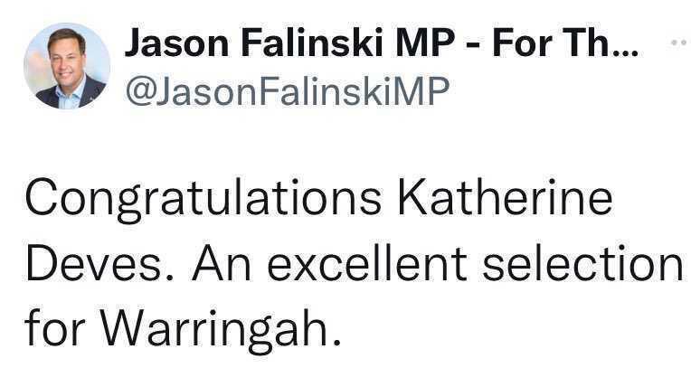 zalisteggall's tweet image. Well @JasonFalinskiMP thinks she is an “excellent selection” and is co-hosting a meet the candidates event on Friday. #forthebeaches?🤔 #VoteIndependent @SophieScamps #Mackellarvotes