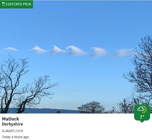 bbcweather's tweet photo. These rare wave clouds spotted earlier in Derbyshire look like waves breaking on a beach. They're called Kelvin-Helmholtz clouds and are caused by winds blowing faster at the top of the cloud than at the bottom! https://t.co/3Jm5uVVW13