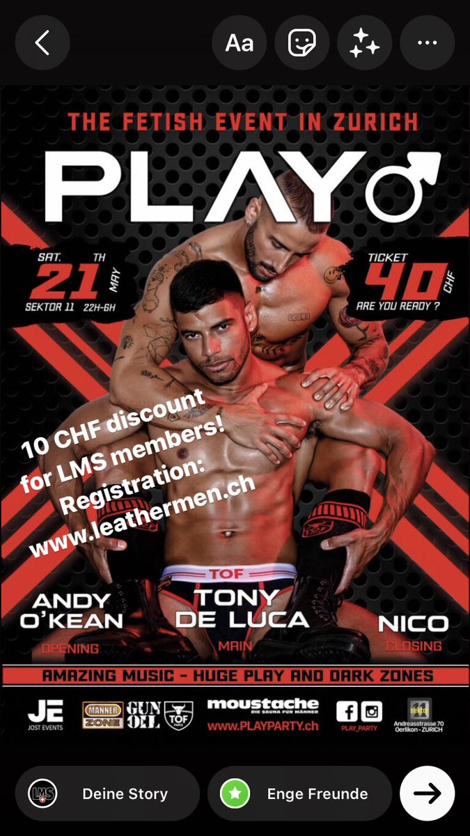 PLAY! Red Edition
21 May, 22:00

leathermen.ch/en/event/2022-…

The Fetish Play Party in Zurich for Men

Tickets LMS members:
Advance booking: CHF 20,-
Box office: CHF 30,-
Reserve your pre-sale ticket via our registration form no later than the Wednesday before the party.

💙❤️🤍🖤