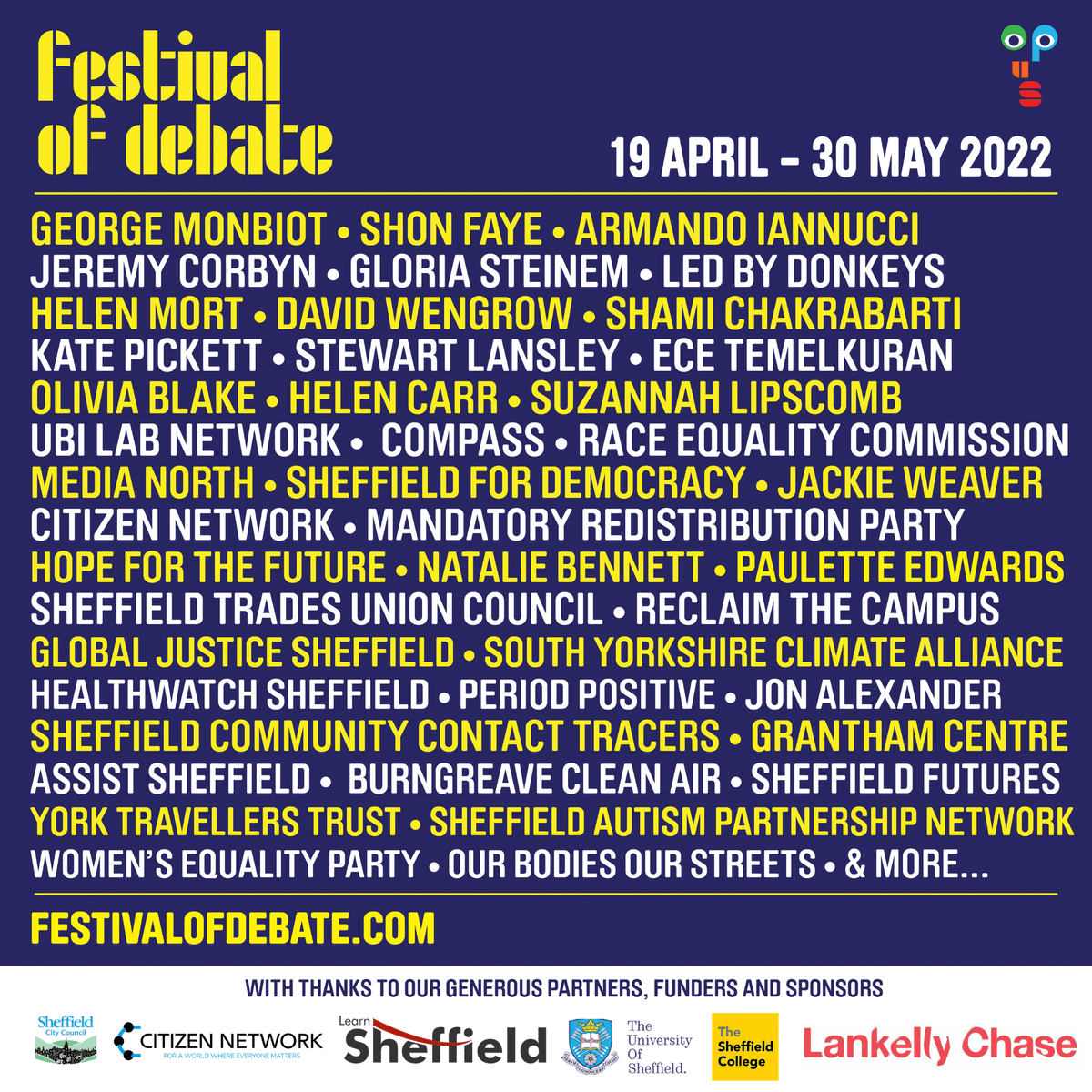 FestOfDebate's tweet image. 📢 Festival of Debate 2022 has begun! We have a huge programme of #events - don't forget to register to attend!

🗣️ Featuring @GeorgeMonbiot, @ByDonkeys, Shon Faye, @GloriaSteinem, @jeremycorbyn, @sixteenthCgirl, @UBILabNetwork &amp;amp; more! @sheffielduni

👉 loom.ly/0eVFzJA
