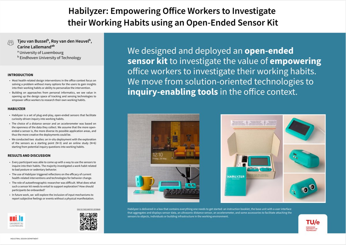 Carilall's tweet photo. Soon time to fly to #CHI2022 to present many contributions.
Here the preliminary work on Habilyzer's #office #vitality project with T. van Bussel and @royovic - which paved the way for new #sensorkit prototypes and an ambitious deployment at a company right after CHI. https://t.co/wUua5WcMUC