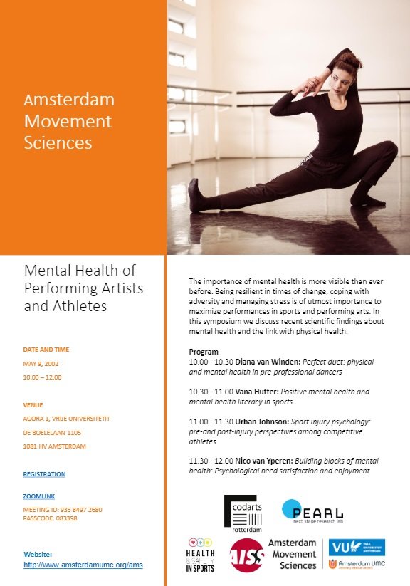 AMSmovement's tweet image. You are warmly invited for the PhD Graduation of Diana van Winden and the Symposium Mental Health of Performing Artists and #Athletes. May 9, 2022, 10:00. Aula | Main Building | VU.
#mentalhealth @VUamsterdam @VU_FGB @amsterdamumc