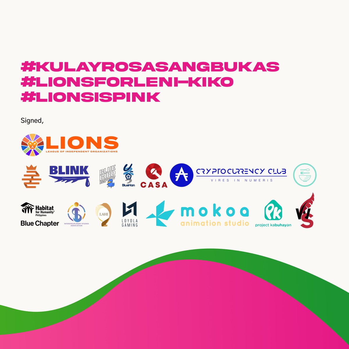 admulions's tweet photo. The League of Independent Organizations Sector officially endorses Vice President Maria Leonor “Leni” Robredo and Senator Francis “Kiko” Pangilinan for the 2022 Philippine National Elections. 

#KulayRosasAngBukas #LetLeniLead #LIONSForLeniKiko https://t.co/3L9sLaUN7D