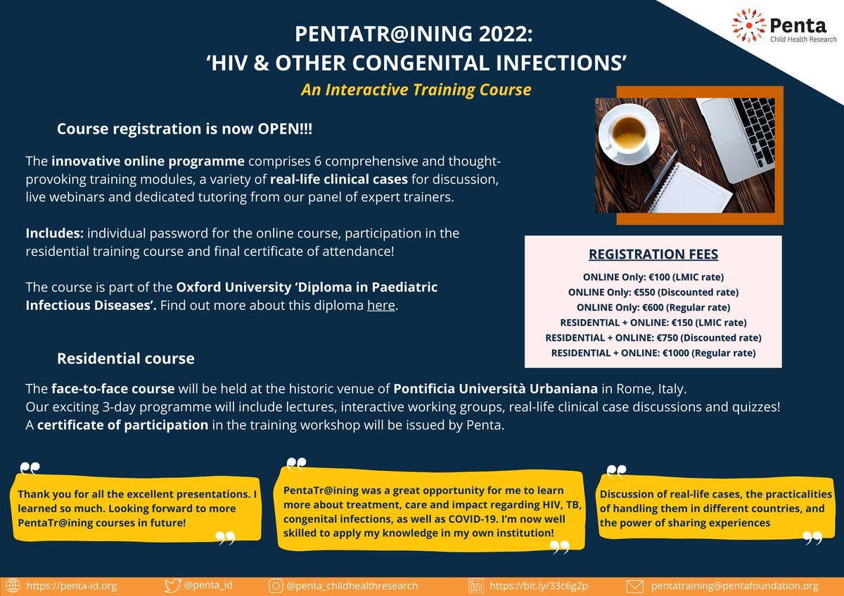 Penta_ID's tweet photo. Our upcoming interactive course ‘PentaTr@ining 2022: HIV & other Congenital Infections’ kicks off next week. Registrations are still open – don’t miss out!
Click here to find out more:
https://t.co/mcOmWpYyXM
#pentatraining #training #course #hiv https://t.co/mFyNpj2Lmd
