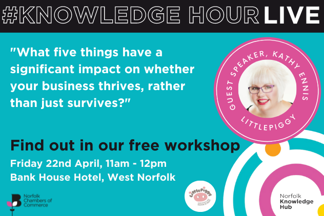 What are the five things that can have such a significant impact on whether a business thrives, rather than just survives?

Join us for the Norfolk Knowledge Hour where Kathy Ennis will share her top tips.

Book your free place at our workshop norfolkchamber.co.uk/chamber-events…